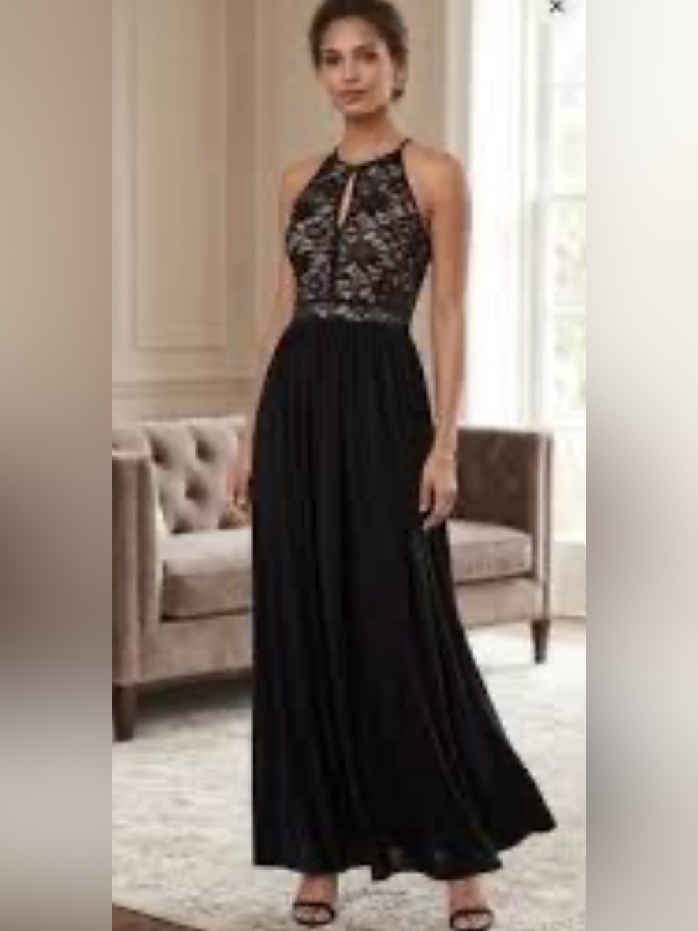 Night Way Women's Size 14 Formal Maxi Dress Black/Nude Lace Keyhole Halter